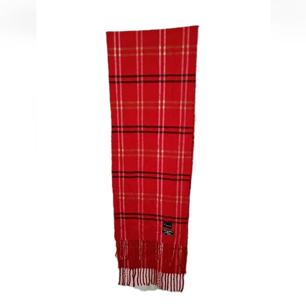 Cejon Italian Acrylic Fringed Long Neck Scarf Red Tartan Plaid Holiday Ski 11/62